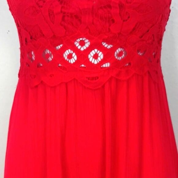 RUE 21 Red strappy peekaboo lace V neck ruffle hemline mini dress size XS n boho - Picture 5 of 12